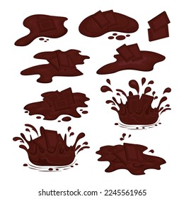 Pieces of melting chocolate. Splashes, drops, a puddle of chocolate. Vector set on a white background in flat style