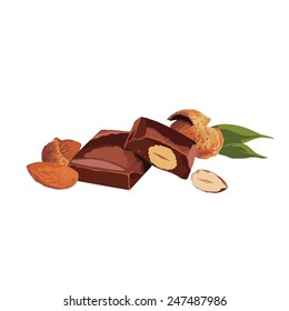 pieces of milk chocolate bar with almonds vector