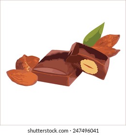 pieces of milk chocolate bar with almonds on a white background vector 