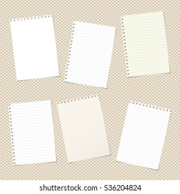 Pieces of note, notebook, copy book paper sheets stuck on brown squared background