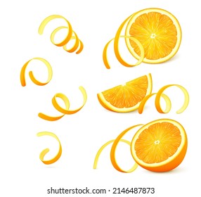 Stücke von orangefarbenen Früchten mit verdrehtem Zest (Schale) einzeln auf weißem Hintergrund. Realistische Vektorgrafik. 