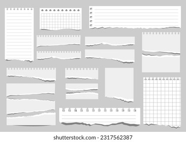 Piezas de papel de diferentes tipos. Despedazo el juego de los papeles de los cuadernos. En blanco con un cuaderno de cuadrícula se arrancaron papeles. Hojas de papel blanco cuadradas con línea horizontal celular y perforación. Vector