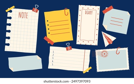 Pieces of paper, note, reminder sheet, diary page, list, blank sheet, card. All attached with clips and tape. Simple doodle frames with empty. Fun vector set. Hand drawn, not AI