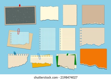 Pieces paper for scrapbook vector illustrations set  Old ripped paper  notes  vintage notebook elements  stickers memos for collage isolated blue background  Education  stationery concept