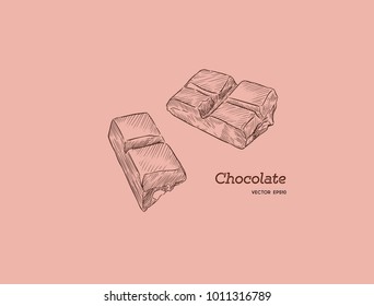 Pieces of peanut chocolate bar, sketch style vector Hand drawn chocolate bar broken into pieces, appetizing realistic drawing