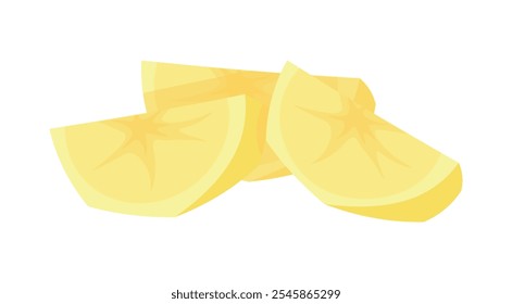 Pieces of peeled potatoes in a cartoon style. Vector illustration of fresh and delicious potatoes sliced ​​isolated on white background. Healthy lifestyle. Vegetables. Harvest. Root crops. Starchy.