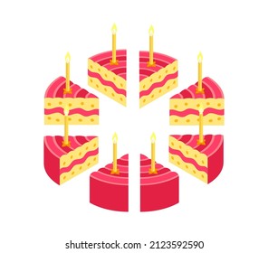 Pieces of pie cake with candles. Birthday celebration. Cut cake slice split up. Isometric view.