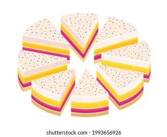 Pieces of pie cake. Cut cake and its slice parts split up. Isometric view. Vector illustration set.