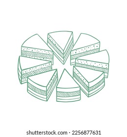 Pieces of the pie cake. Cut cake and its slice parts split up. Vector illustration.