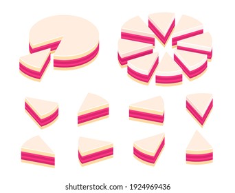 Trozos de infografía de tarta torta. Corta todo el pastel y sus partes se dividen. Vista isométrica. Conjunto de ilustraciones vectoriales.