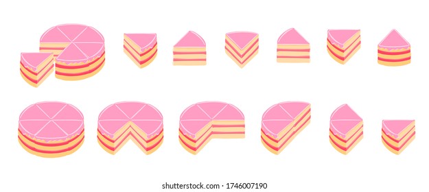Pieces of pink cake infographics. The whole cake and its parts. Jam cream red topping jelly. Isometric view vector illustration.