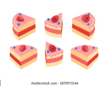 Pieces of pink cake set. With raspberries. Red cream. Slice of pie separate. Isometric view vector.