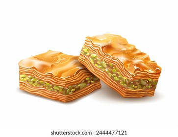 Pieces of pistachio baklava isolated on white. Traditional oriental dessert. Vector illustration.