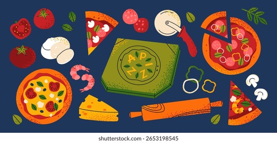 Pieces of pizza, pizza box, a set of ingredients - basil, tomatoes, salami, mushrooms and mozzarella. Italian pizza concept. Cartoon vector illustration for restaurant or cafe.