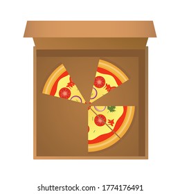 Die Pizzastücke. Pizzakiste. Die Aussicht von oben