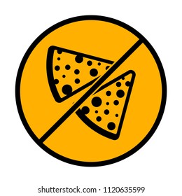 pieces of pizza icon. not allowed, black object in warning sign with orange background color