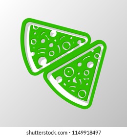 pieces of pizza icon. Paper style. Cut symbol with green bold contour on shape and simple shadow