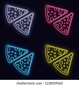 pieces of pizza icon. Set of fashion neon sign. Casino style on dark background. Seamless pattern