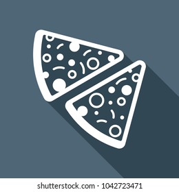 pieces of pizza icon. White flat icon with long shadow on background