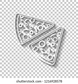 pieces of pizza icon. White outline sign with shadow on transparent background