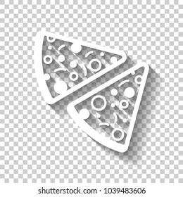 pieces of pizza icon. White icon with shadow on transparent background