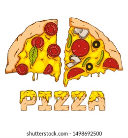 Pieces of pizza on a white background, hand-drawn. Juicy vector illustration.