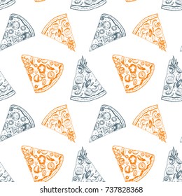Pieces of pizza seamless pattern, hand drawn sketch vector illustration.Italian food design template. Vintage style image.