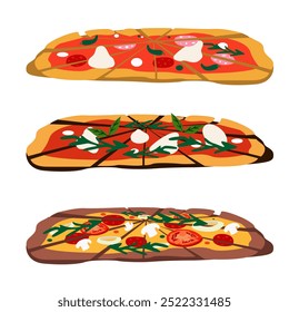 Pieces of pizza, a set of ingredients, various toppings. Cartoon doodle icons. Pizza with mozzarella, arugula, tomatoes, mushrooms, salami, chili, parmesan, rosemary