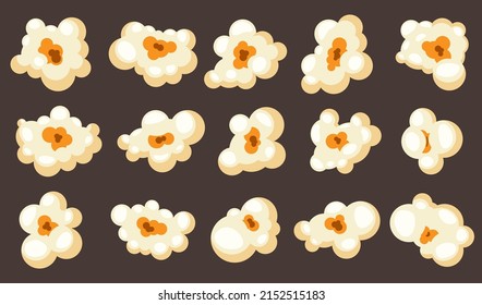 Pieces of popcorn of different shapes vector illustrations set. Salty or sweet snack from corn or souffle for watching movies isolated on brown background. Food, cinema concept