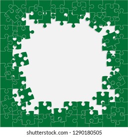 Pieces puzzle background, banner, blank. Vector jigsaw section template isolated. Background with puzzle green mosaic, details, tiles, parts. Square outline frame jigsaw. Game group detail.