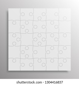 Pieces puzzle background, banner, blank. Vector jigsaw section template isolated. Background with puzzle white mosaic, details, tiles, parts. Square outline frame jigsaw. Game group detail.