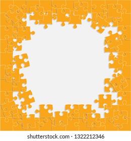 Pieces puzzle grey background, banner, blank. Vector jigsaw section template isolated. Background with puzzle orange mosaic, details, tiles, parts. Square outline frame jigsaw. Game group detail.