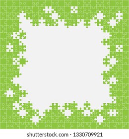 Pieces puzzle grey background, banner, blank. Vector jigsaw section template isolated. Background with puzzle green mosaic, details, tiles, parts. Square outline frame jigsaw. Game group detail.
