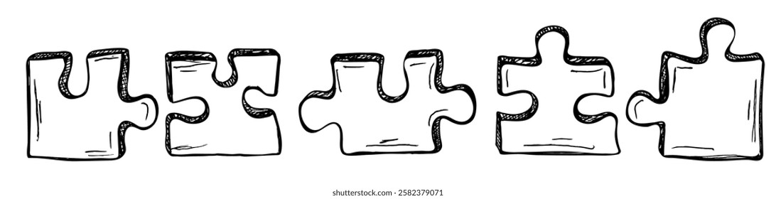 Pieces of puzzle. Puzzle grid with 5 pieces in a row. Collection of hand drawn elements. Vector illustration