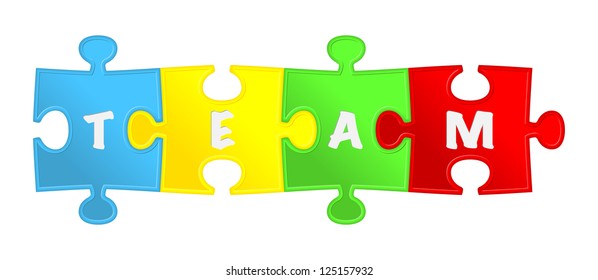 pieces of puzzle and word "team". Vector illustration