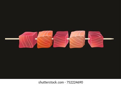 Pieces of raw fish meat on skewer. Vector illustration isolated on the black background
