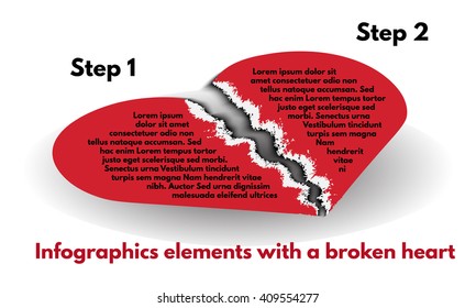 The pieces of red heart from torn paper on a white background. Info graphic element set with a broken heart. Paper banners template graphic or website layout. Vector illustration