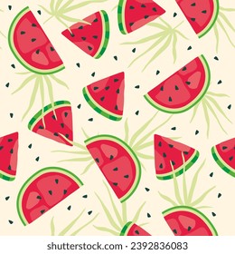 pieces of ripe watermelon on a seamless background. print for fabric, covers with watermelons.