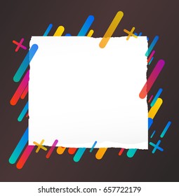 Pieces of ripped blank note, notebook, copybook paper strips stuck on lined colorful background.