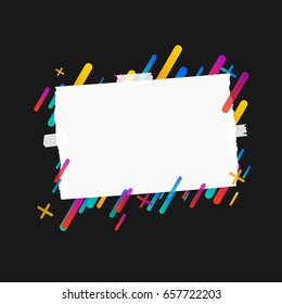 Pieces of ripped blank note, notebook, copybook paper strips stuck on lined colorful background.