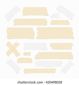 Pieces of ripped blank note paper, sticky, adhesive tapes