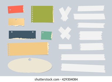 Pieces of ripped colorful blank note paper, white masking tapes are stuck on gray background.