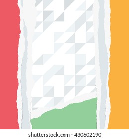 Pieces of ripped colorful blank paper sheets are stuck on gray geometric triangle pattern.