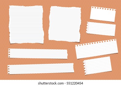 Pieces Of Ripped Different Size White Note, Notebook, Copybook Paper Sheets, Strips Stuck On Squared Orange Background