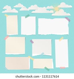 Pieces of ripped white, beige blank note, notebook paper with clouds and sun on turquoise background
