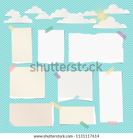 Pieces of ripped white, beige blank note, notebook paper with clouds and sun on turquoise background