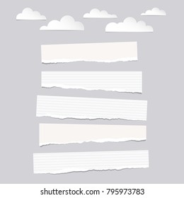 Pieces Of Ripped White Blank And Lined Note, Notebook Paper Strips With Clouds On Gray Background