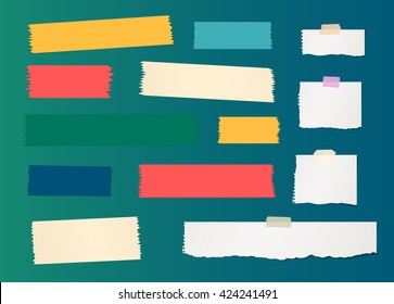 Pieces of ripped white blank note paper, colorful sticky, adhesive tapes are stuck on gradiant wall