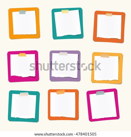 Pieces of ripped white blank note paper are stuck on colorful squares
