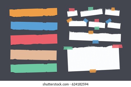 Pieces of ripped white and colorful note, notebook, copybook paper strips stuck with sticky tape on black background
